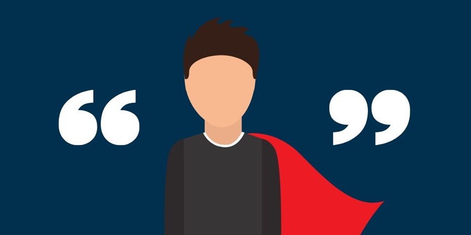 cartoon of man with red cape and quotes on dark blue background