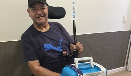 Lance Henry from Brightwater Oats Street Rehabilitation program receives fishing gear from Life's Possibilities grant to reconnect with his favourite hobby