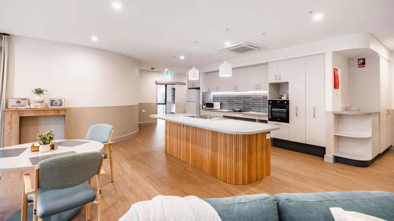 Brightwater Piara Waters_open plan concept living and kitchen space for people living with Huntington's Disease