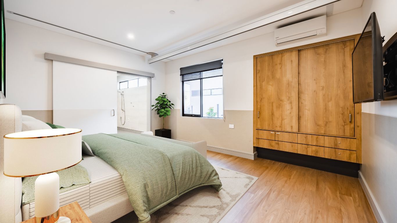 Brightwater Piara Waters_sage green bedroom with oak wardrobe, light airy feel for clients with Huntington's Disease