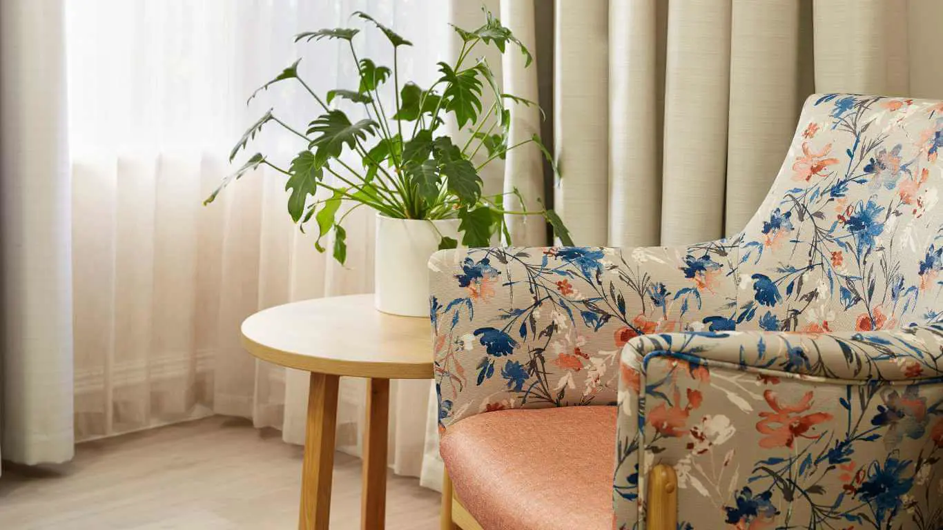 Privacy_Brightwater Onslow Gardens flower pattern armchair, filtered light through curtains and indoor plant on side table