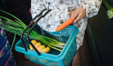 Brightwater Dietitian Services_woman with shopping basket full of fresh colourful vegetables such as carrots, bananas and spring onion