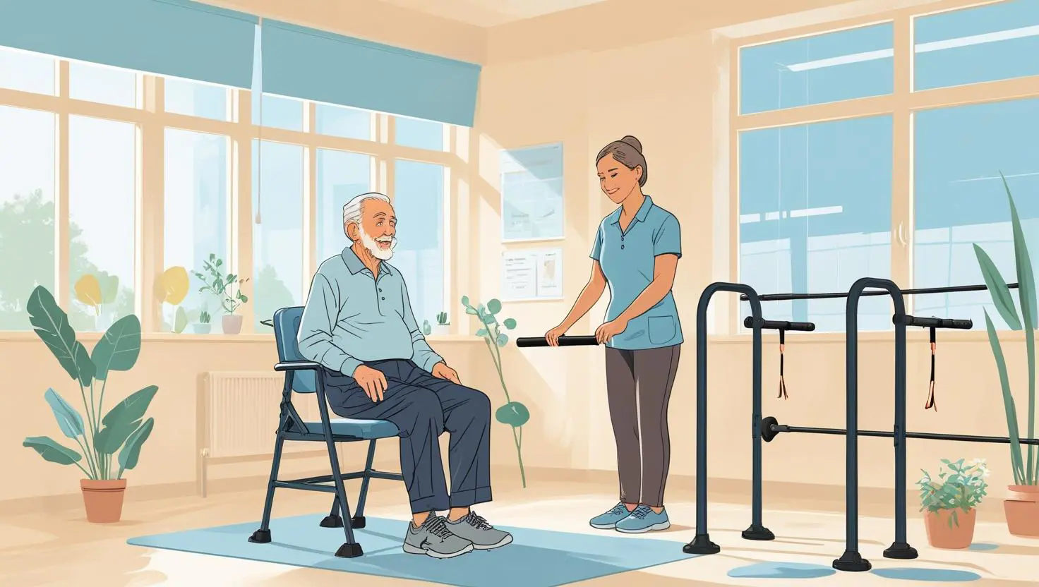 A Warm, Friendly Digital Illustration Suitable For A Family Newsletter About Fall Prevention For Older Adults. Use Soft, Calming Colours Like Light Blue, Beige, And Pastel Tones. Show An Elderly Person Doing Gent