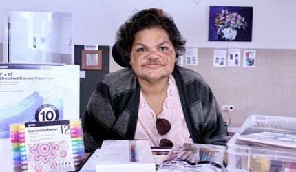 Life's Possibilties_Oats Street Transitional Rehabilitation client Letisha given art supplies to connect to Country